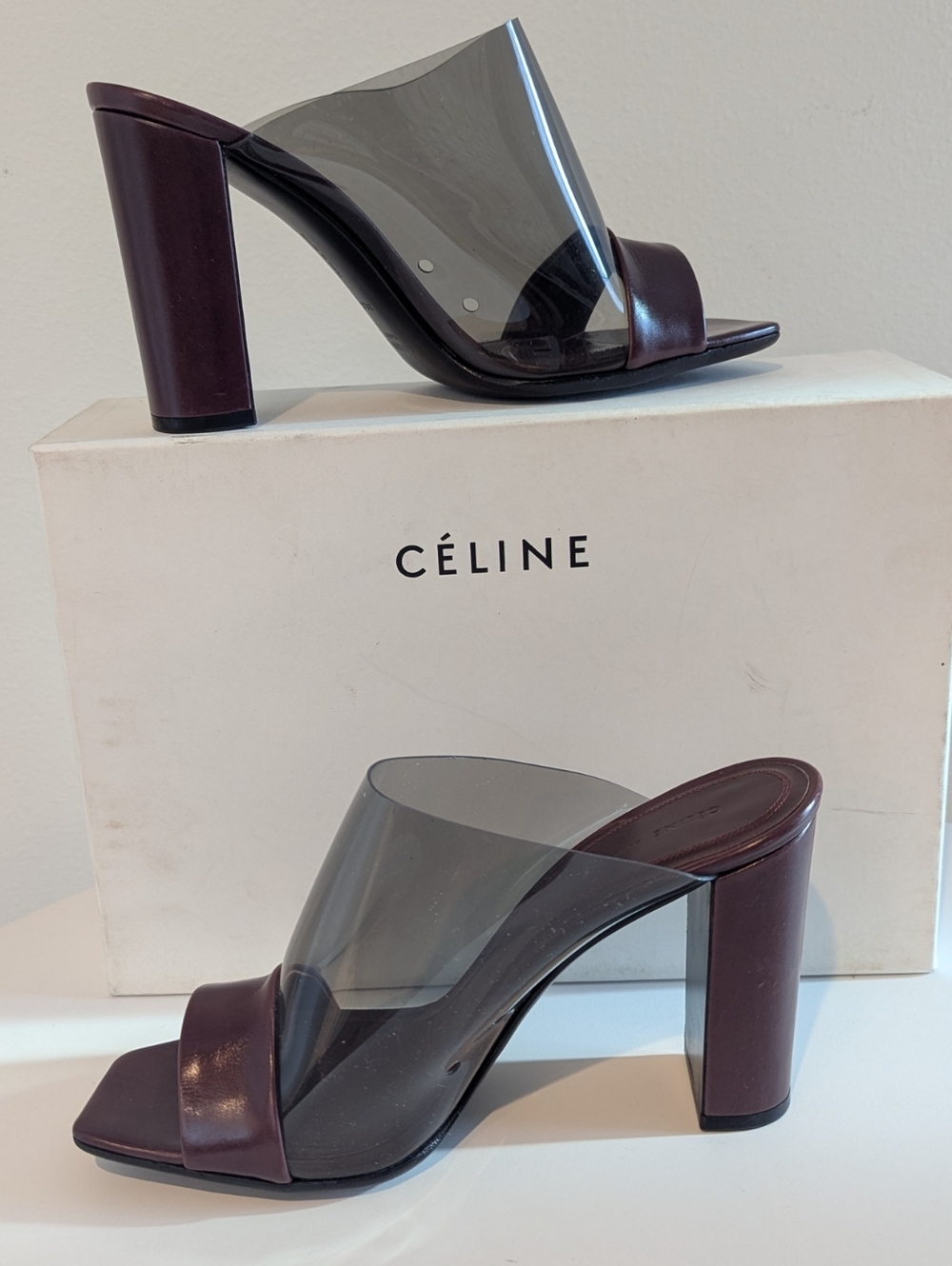 “Celine Bordeaux PVC Block Heel Mules Size 38.5 + Original Box
